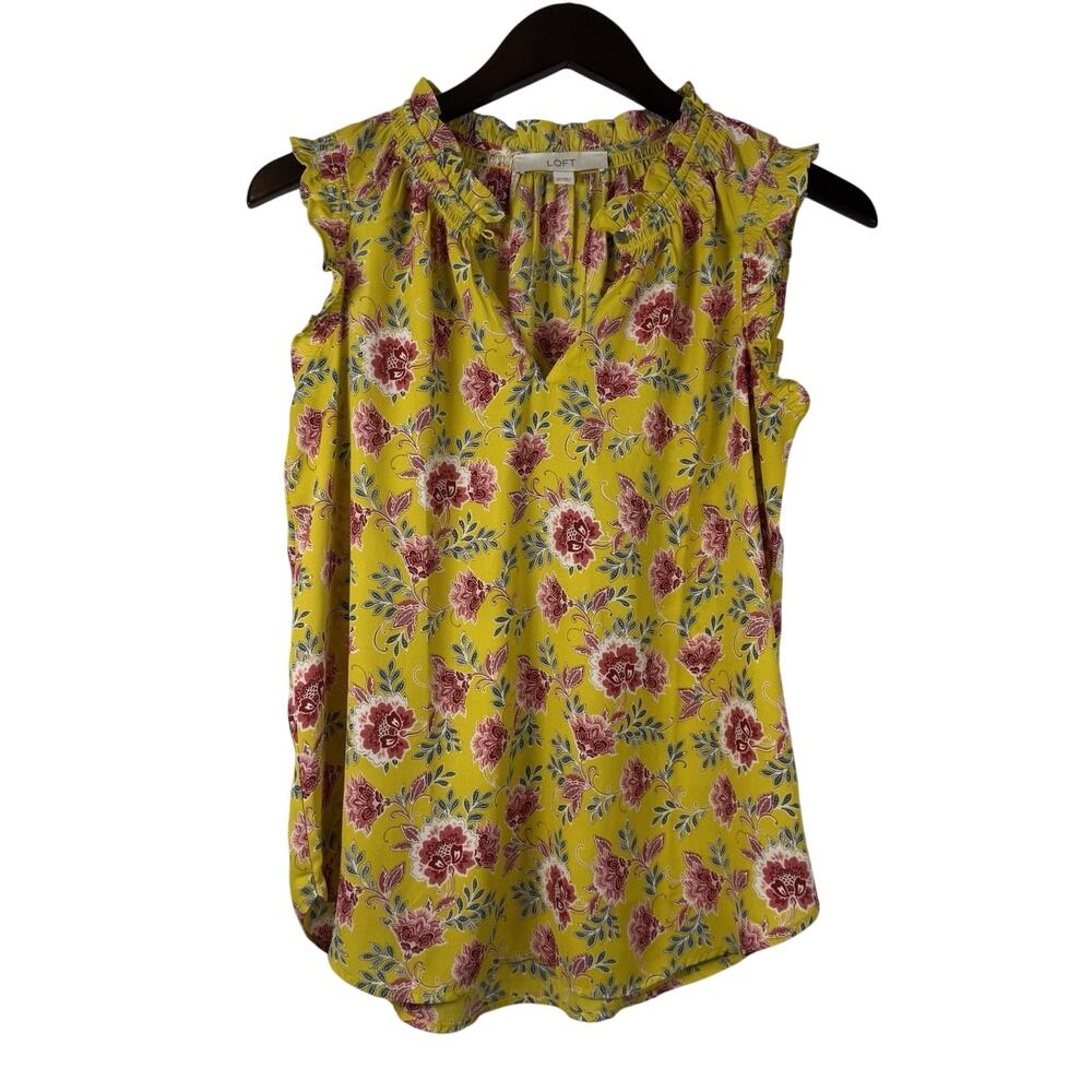 LOFT Floral Mock Neck Sleeveless Ruffle Blouse Women's XS Yellow Keyhole Button